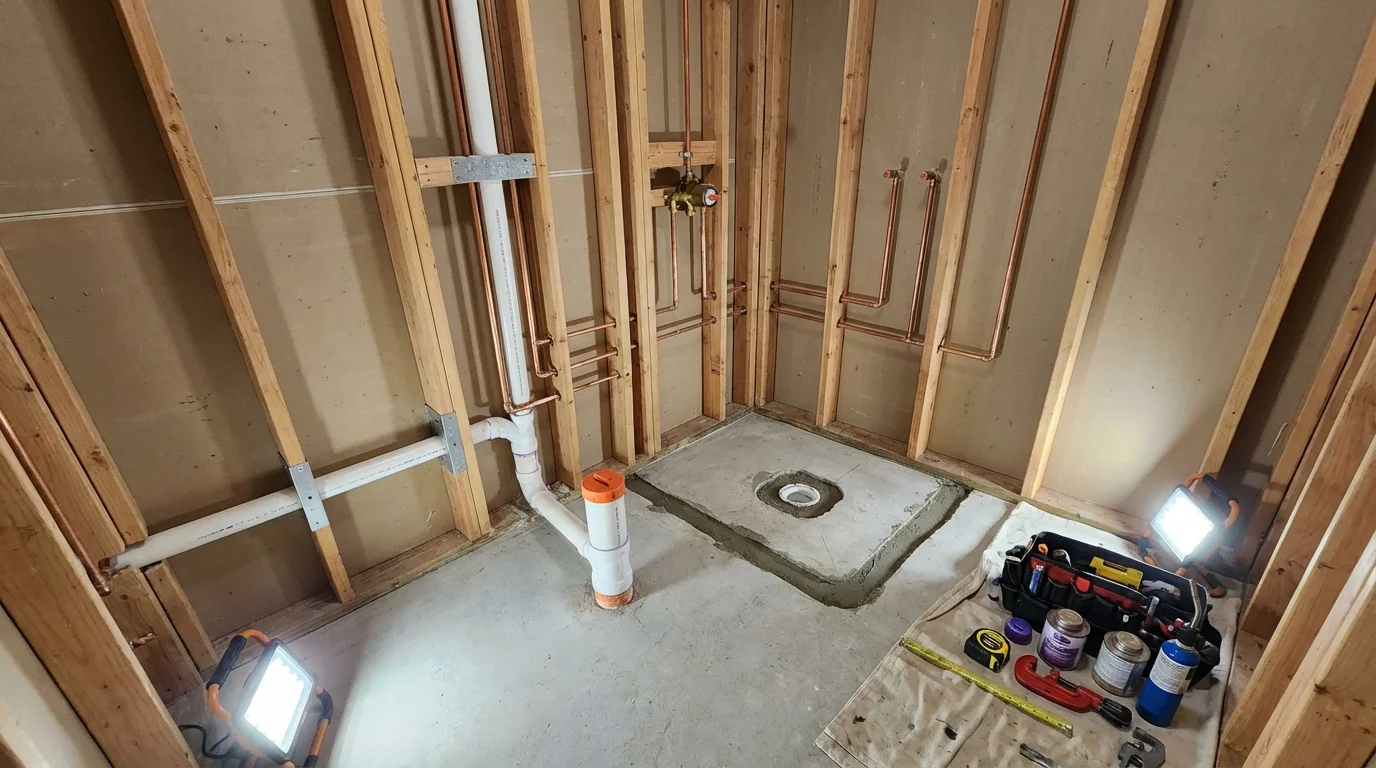 Bathroom rough-in plumbing during remodel by Johns Plumbing LLC in Grand Blanc