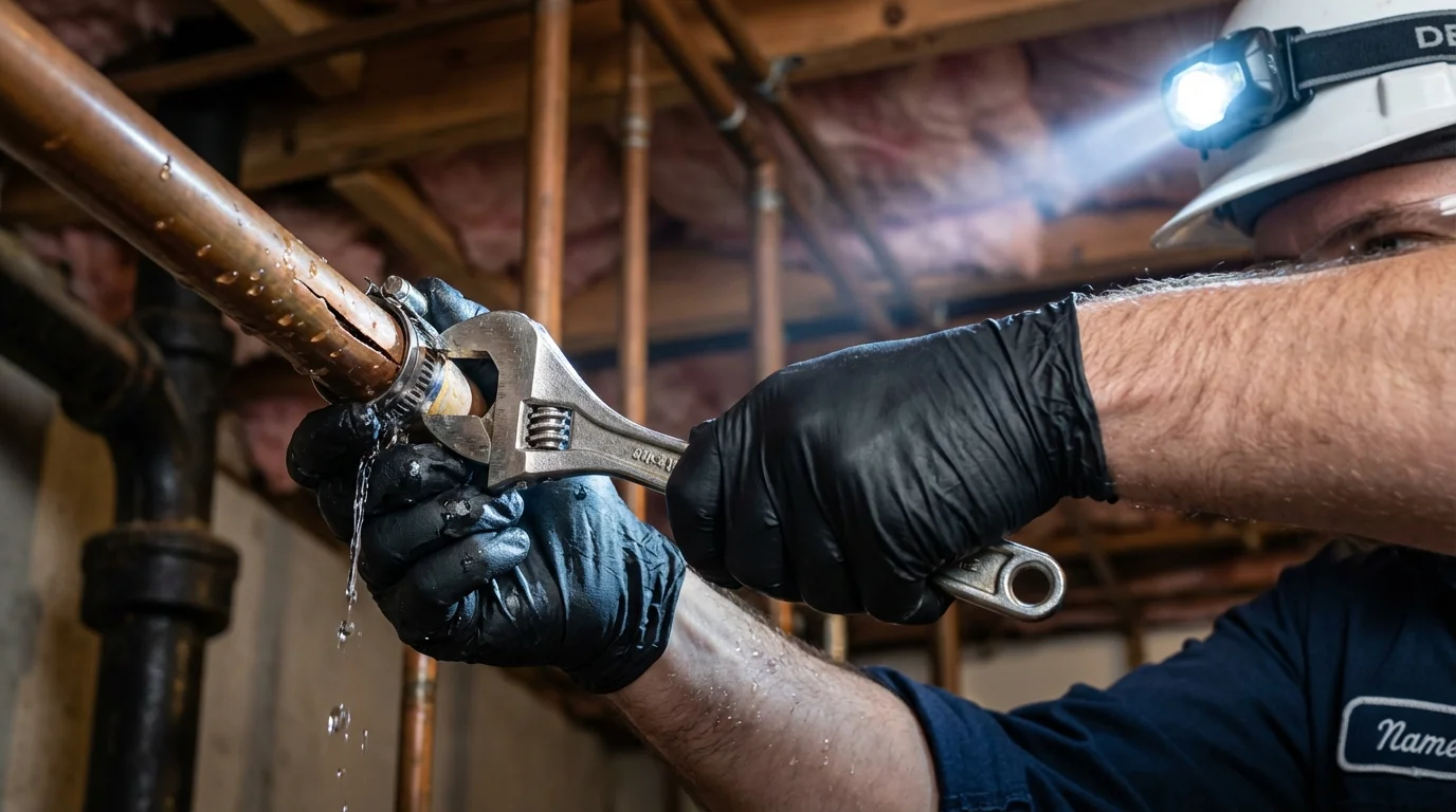 Emergency pipe clamp repair being performed by a Johns Plumbing LLC plumber in Grand Blanc