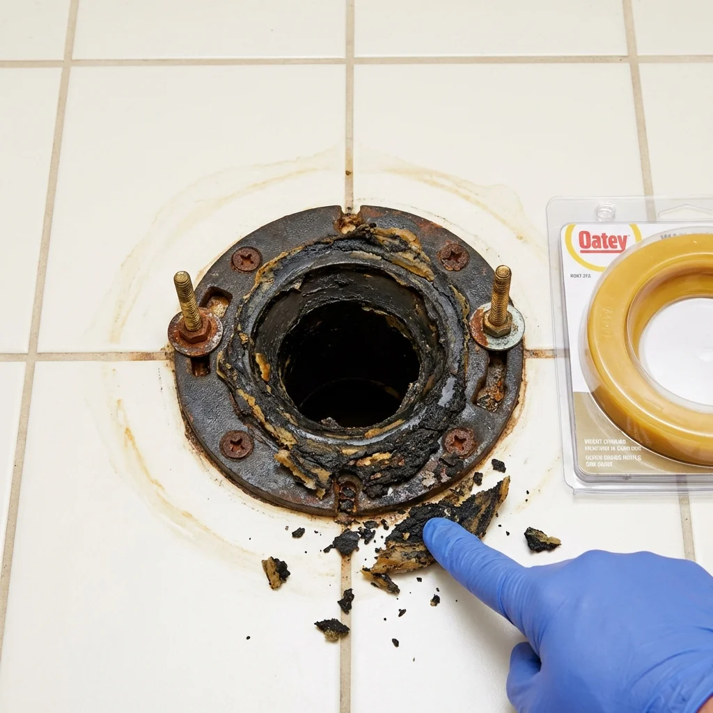 Failed wax ring showing water seepage at the base of a toilet in a Grand Blanc, MI home
