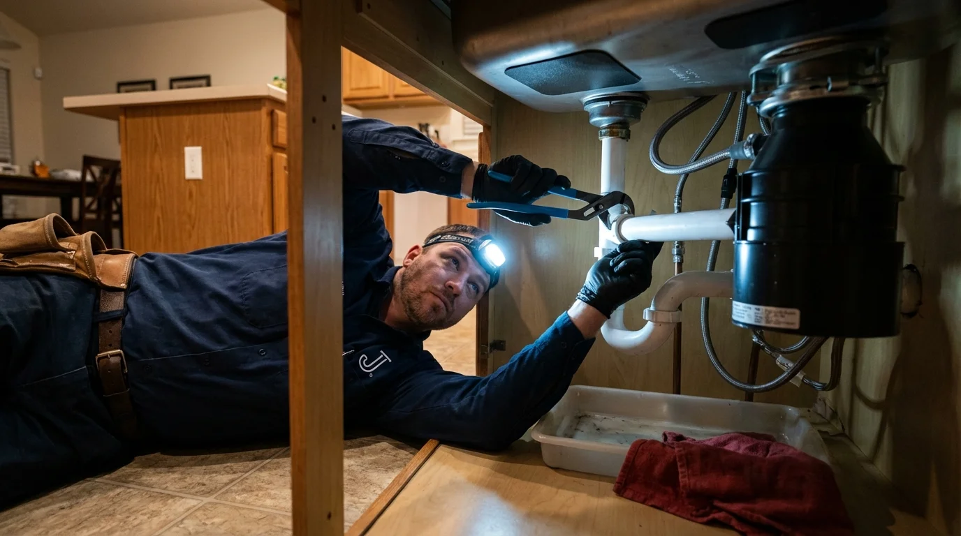 P-trap and supply line connections under a kitchen sink showing a common leak point in Grand Blanc, MI